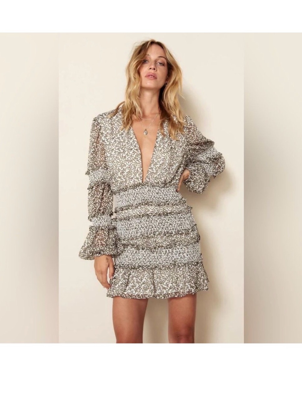 Deep V-Neck Ruffle Mini Dress in Ivory Floral